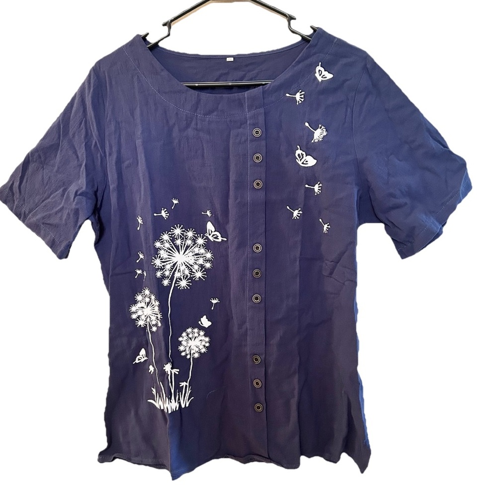 Navy Blue Dandelion Butterfly Short Sleeve Top (NWOT)